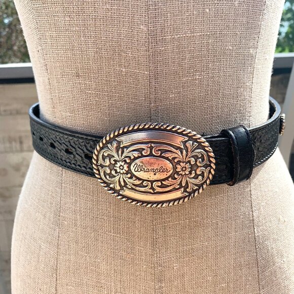 Vintage Wrangler Black Tooled Leather Buckle Conchos Embroidered Western Belt - Picture 1 of 15